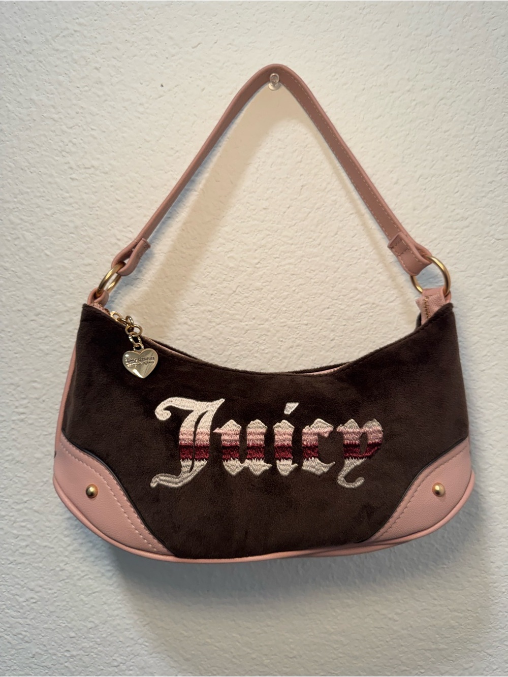 Juicy Couture Brown Suede Shoulder Bag with Pink Trim